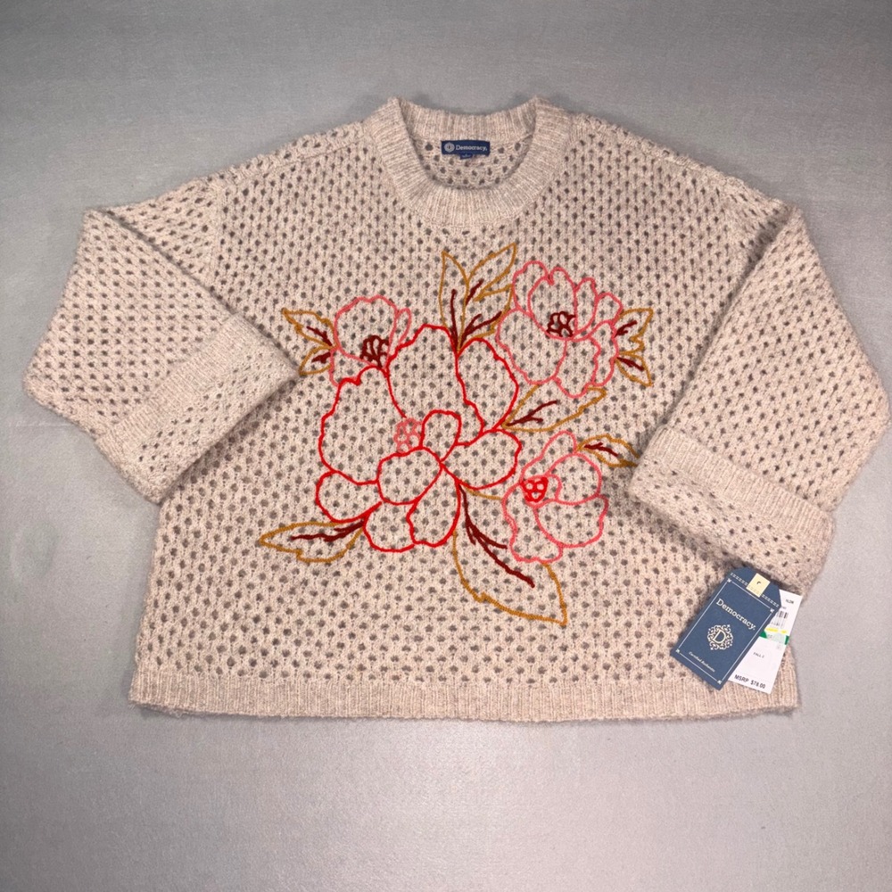 Democracy Womens Large Floral Embroidered Pointelle Knit Sweater Beige